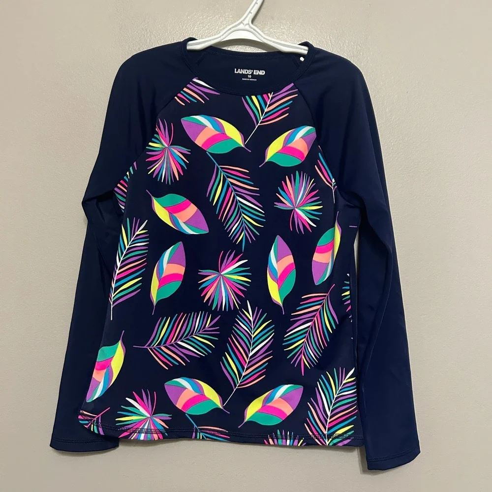 Lands' End Rash Guard Kids 10 Navy Blue Tropical Palm Long Sleeve Sun Protection